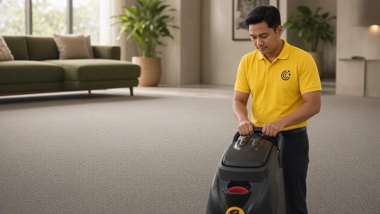 Cucius technician cleaning a fitted carpet in a living room