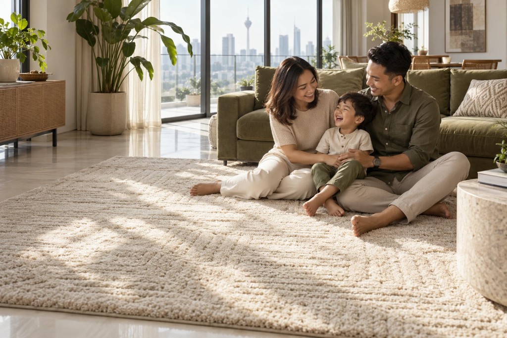A family sitting together on a clean rug in their living room