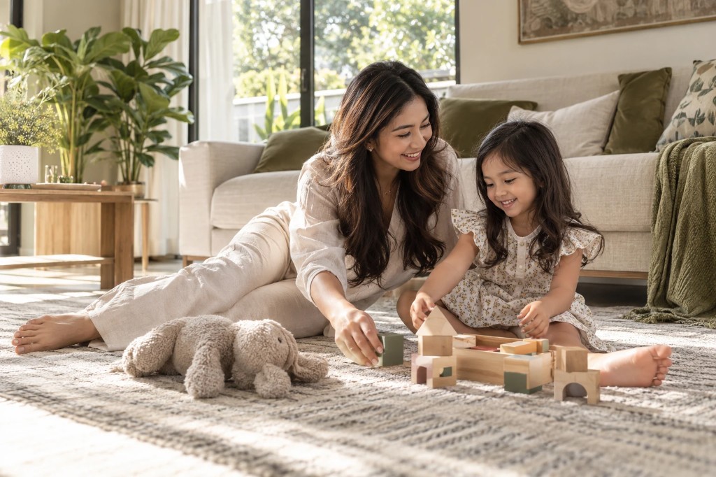 A mother and daughter playing on a clean rug at home