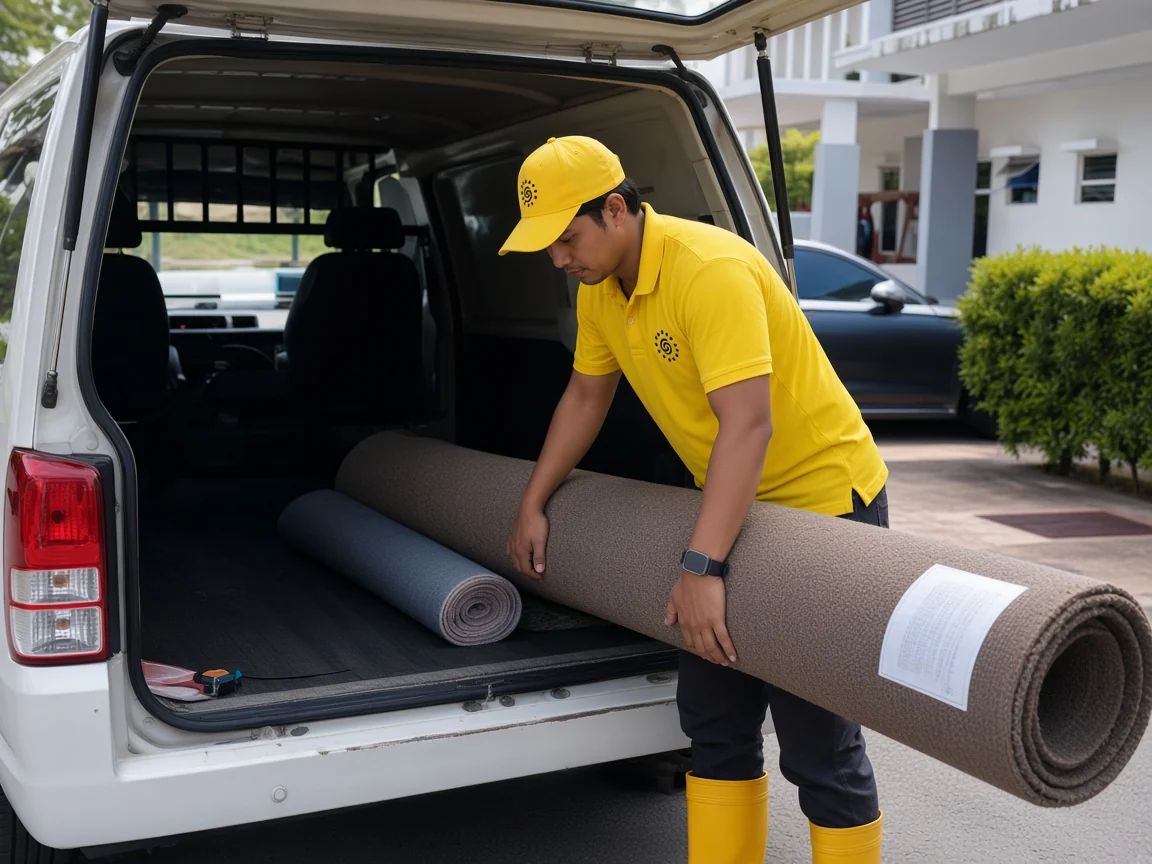 Cucius technician loading a cleaned rug into the delivery van