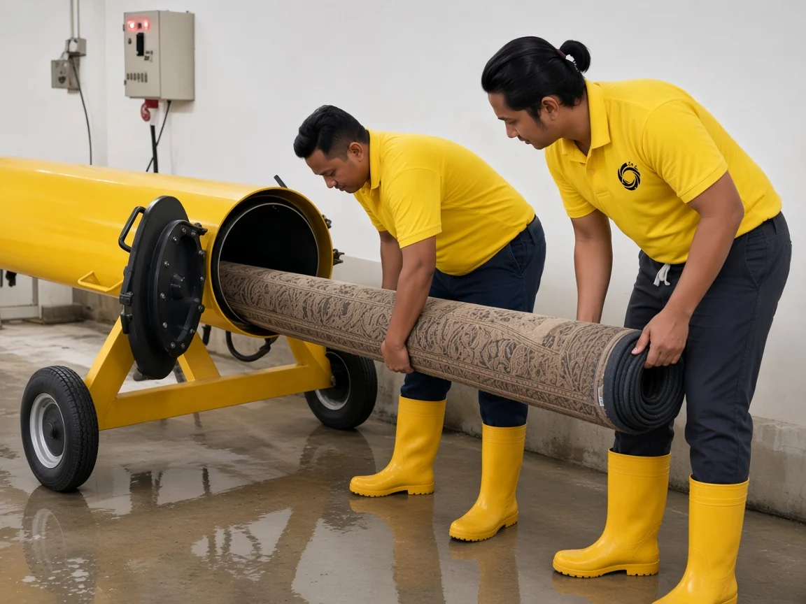 Cucius technicians loading a rug into the workshop centrifuge