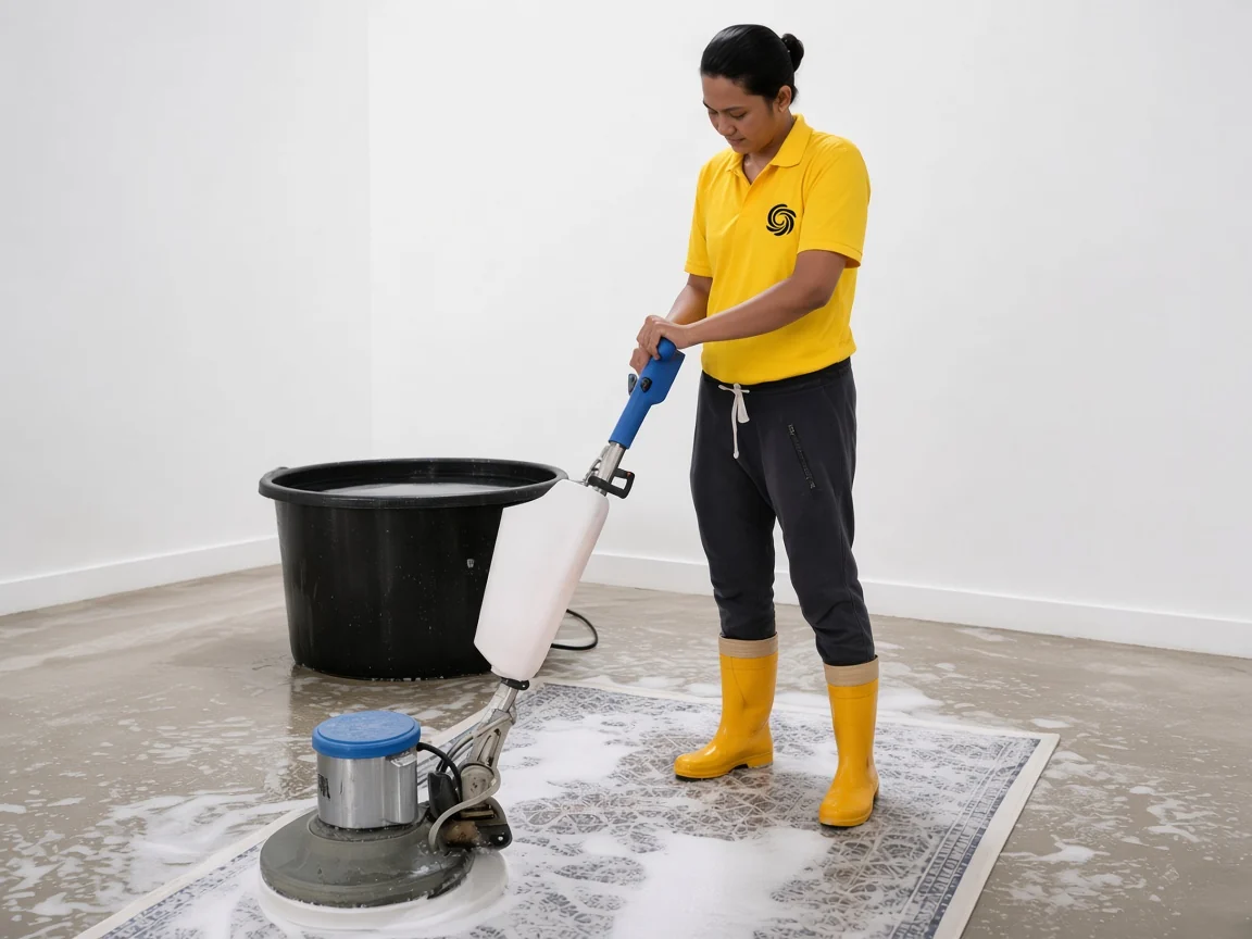 Cucius technician washing a rug on the workshop floor